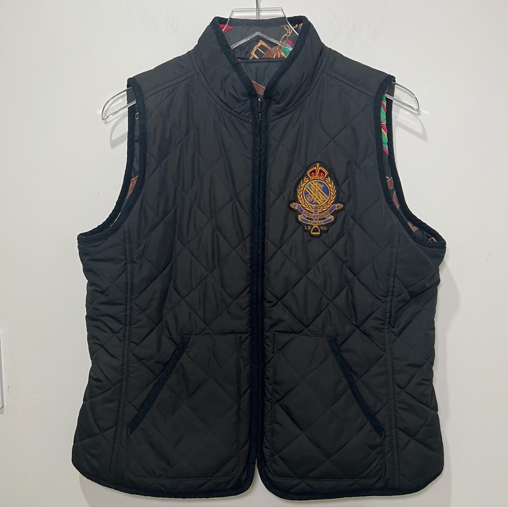 Ralph Lauren Crest-Patch Diamond-Quilted Vest Black Reversible Equestrian Sz L - Picture 5 of 10